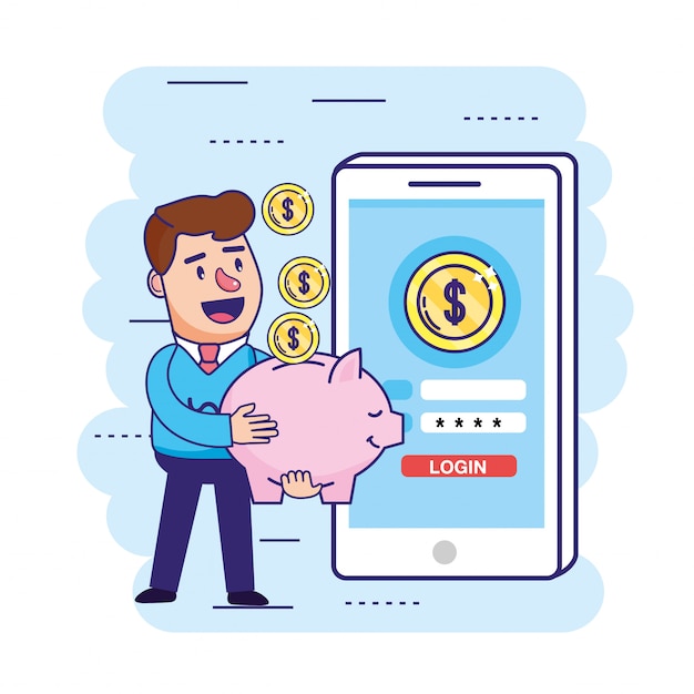 Man with piggy and coins to online banking