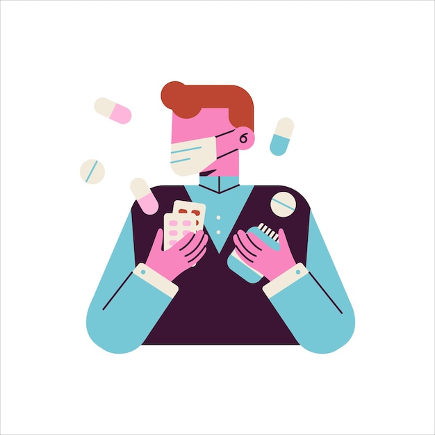 Vector man with pills in his hands vector illustration in flat style