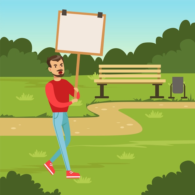 Man with placard claiming his demands in the park, male with picket sign protesting flat vector illustration