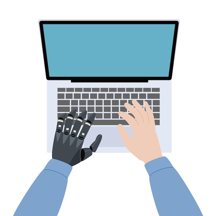 Vector man with a prosthetic arm working on a laptop bionic limb amputee male person concept of people with disability vector illustration on white background