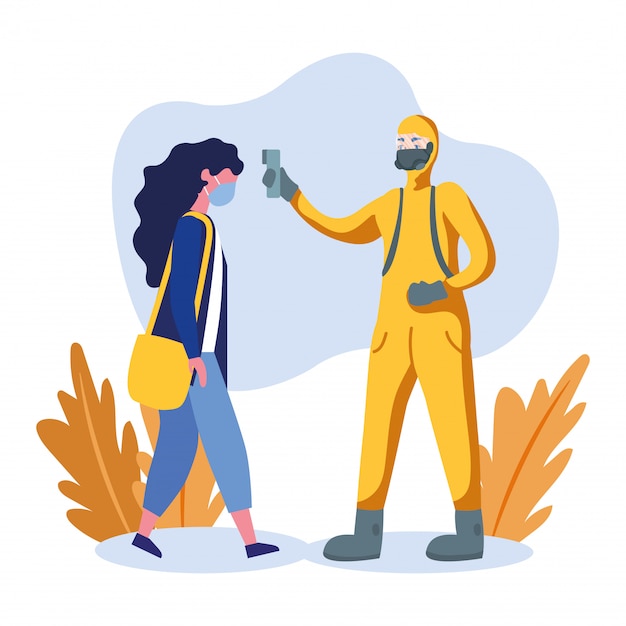 Vector man with protective suit checking woman temperature