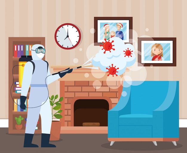 Vector man with protective suit spraying home room with