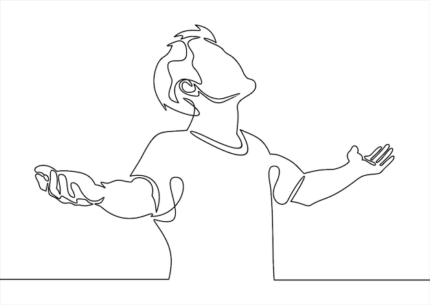 Man with raised hands. Young man raises his hands up-continuous line drawing