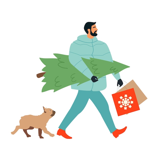 Man with real Christmas tree and french bulldog semi flat color characters. Editable figures