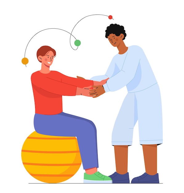 Man with rehabilitation concept woman in medical uniform with young guy at fitball nurse or doctor