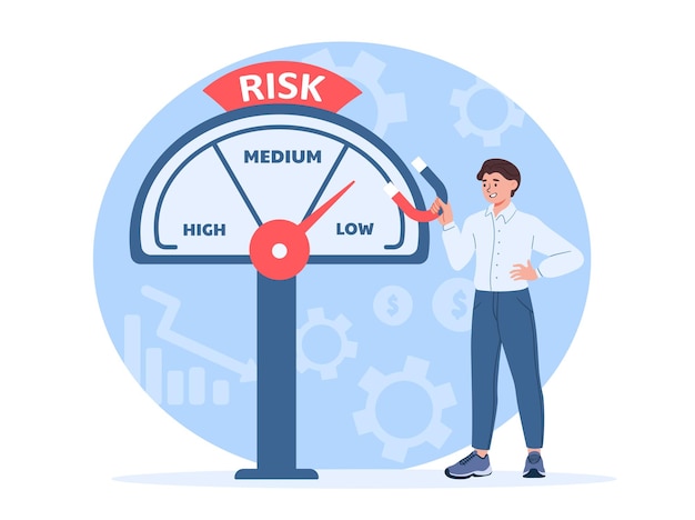 Vector man with risk meter concept young guy with magnet near gauge businessman and investor analyzes deal financial literacy and analytics investing and trading cartoon flat vector illustration