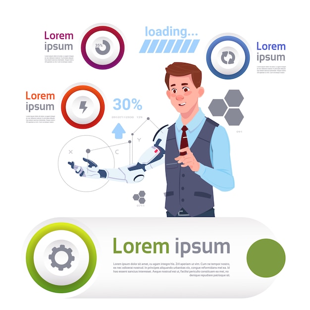 Vector man with robotic hand over template infographics for modern robots technology and artificial intelligence concept