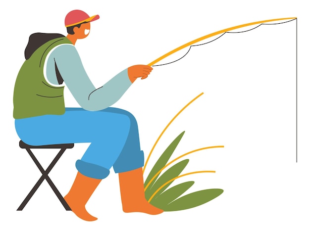 Man with rod fishing active summer hobby vector