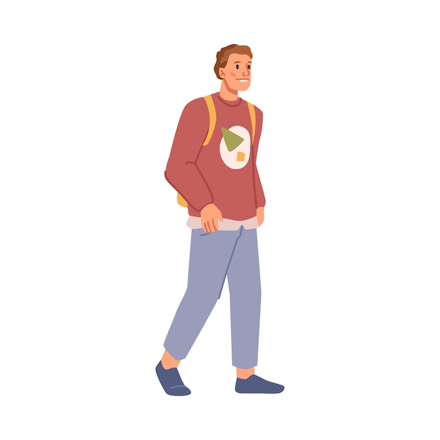 Vector man with rucksack or backpack walk in casual cloth