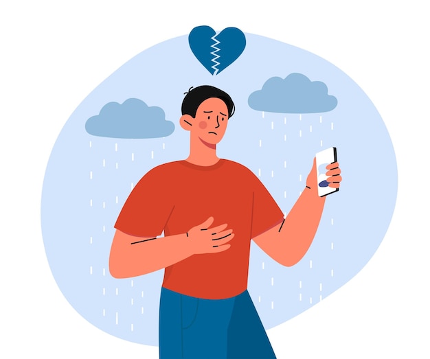 Vector man with sad message concept young guy wit smartphone in hand frustration and depression character