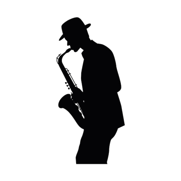 Vettore uomo con silhouette di sassofono musicista jazz silhouette di sassofonista