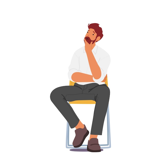 Vector man with serious expression sitting on wooden chair looks pensive and reflective thinking search solution