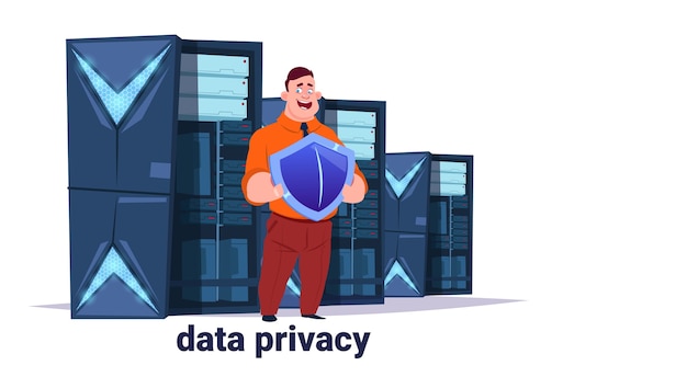 Man with shield on data storage center