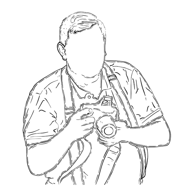 Мужчина с короткими волосами в футболке с подтяжками и фотоаппаратом в руках рисует линейно
