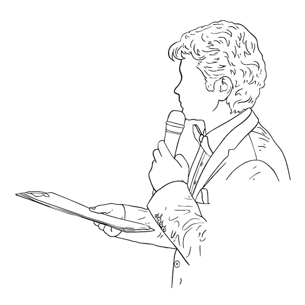 A man with short hair with a microphone and an office tablet in a jacket with a butterfly doodle linear cartoon