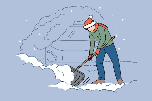 Vector man with shovel clean snow outdoor dig out car on winter morning. male in outerwear shoveling near automobile in snowdrift or pile. blizzard and storm effect. flat vector illustration.