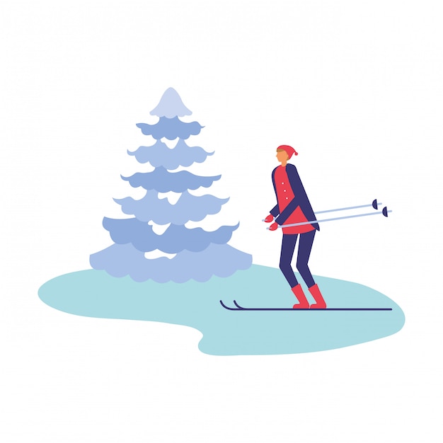 Man with ski and pine tree winter season