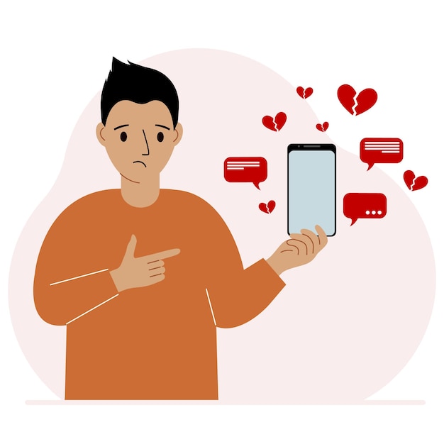 スマートフォンを手にした男性 通信コミュニケーションソーシャルネットワークのコンセプト たくさんの失恋
