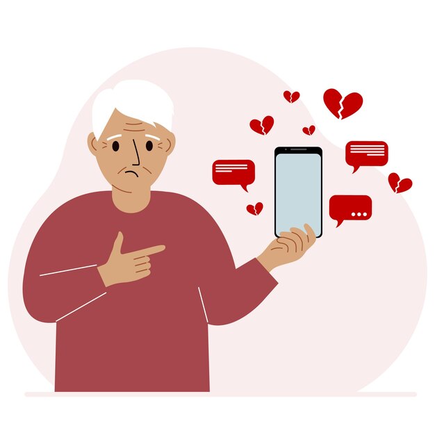 Мужчина со смартфоном в руке Концепция заочного общения в социальных сетях Много разбитых сердец