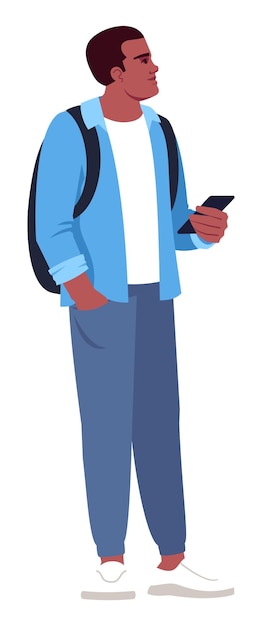 Premium Vector | Man with smartphone semi flat rgb color vector  illustration. meeting with online date. standing figure. stylish boy  waiting for departure time isolated cartoon character on white background