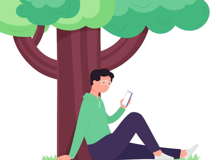 Vector man with smartphone sits under tree girl using smartphone to study online makes purchases outdoor
