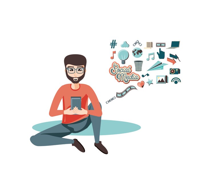 Vector man with smartphone social media icons