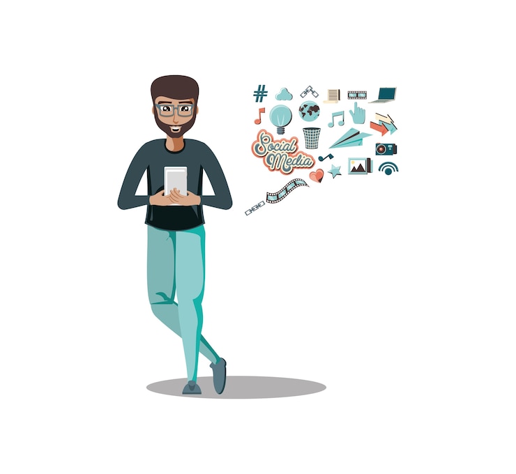 Vector man with smartphone social media icons