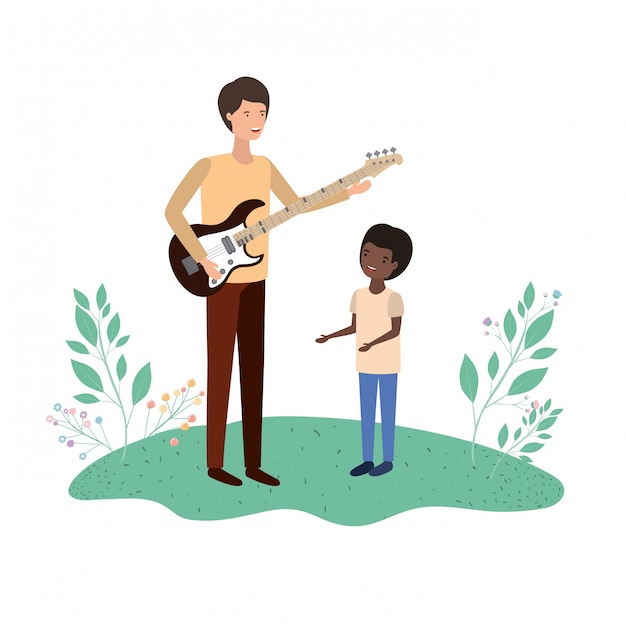 Man with son and electric guitar character