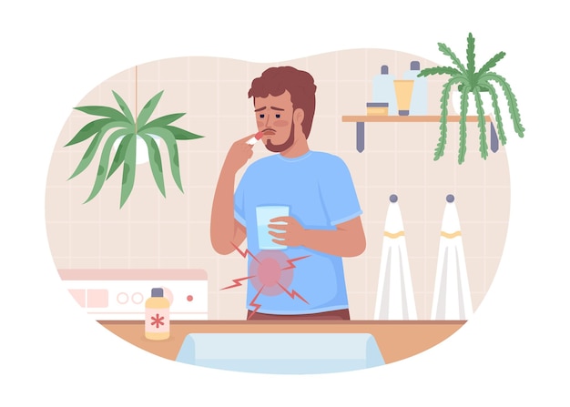 Man with stomach ache taking drugs at home 2D vector isolated illustration