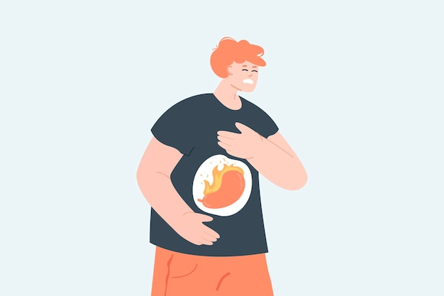 Man with stomachache and gastric abdominal pain, fire in stomach. Stomach acid reflux disease symptoms and digestive system problem flat vector illustration. Gerd, gastritis, indigestion concept
