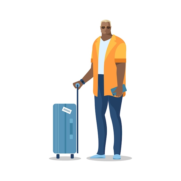 Vector a man with a suitcase glasses and a summer shirt a tourist a traveler in full growth