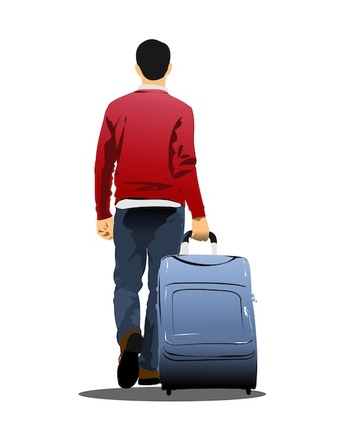 Man with suitcase going to train vector 3d illustration