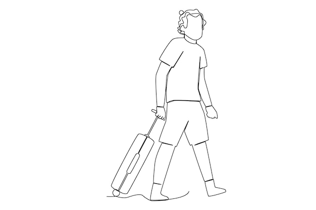 A man with a suitcase going on vacation to relax one line art