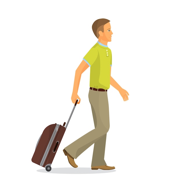 Man with suitcase is going in airport terminal.