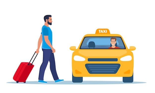 Man with a suitcase take taxi Yellow Taxi Car front view Taxi with smiling man driver