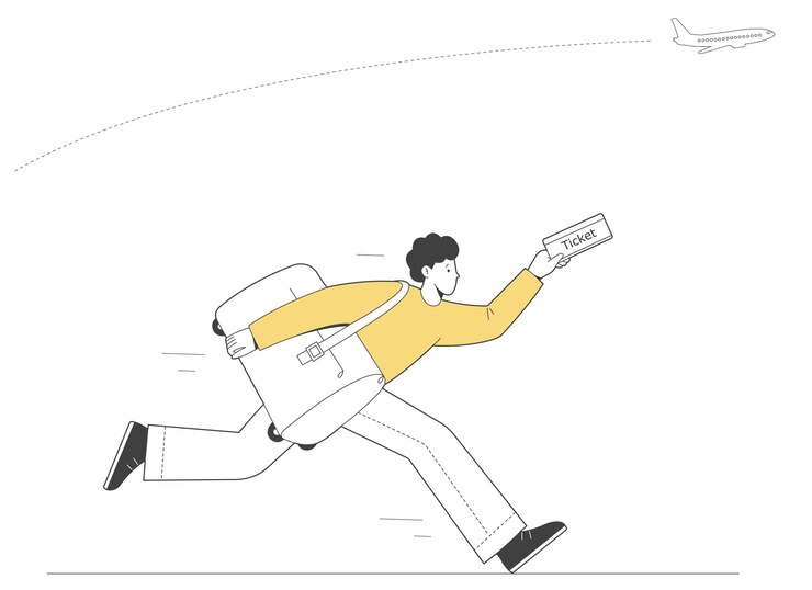 Vector man with suitcase and ticket running rushing hurrying late for plane person trying to get his flight outline illustration