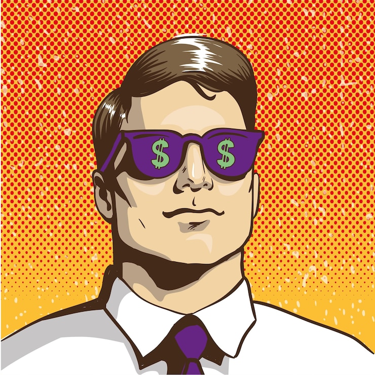 Vector man with sunglasses with dollar sign vector illustration in retro pop art style business success concept rich man thinking about money