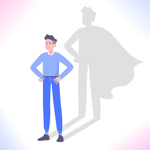 Man with superhero shadow, self confidence and ambition