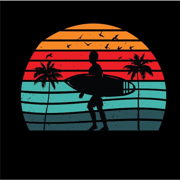 Vector a man with a surfboard is standing in front of a window with palm trees and a beach scene