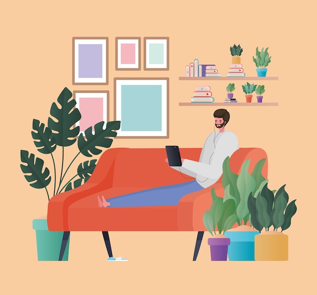 Вектор Человек с планшетом, работающий над оранжевым дизайном дивана темы работы из дома