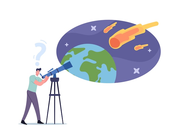 Человек с телескопом смотрит на природное явление в небе с падающими астероидами, мужской персонаж, наблюдающий за падением метеорита, изучающие астрономию ученые-любители или профессиональные ученые. векторные иллюстрации шаржа