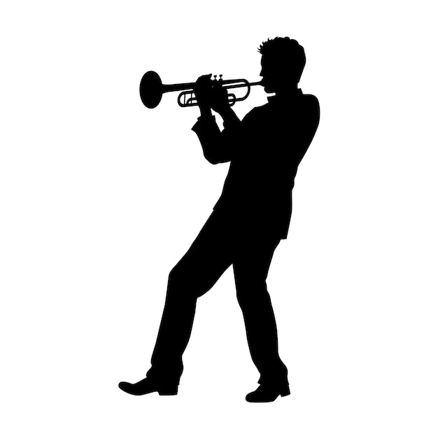 Vettore uomo con silhouette di tromba trombettista musicista suona la tromba jazz trombettista silhouette