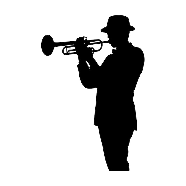 トランペットのシルエットを持つ男 トランペット奏者 ミュージシャンがトランペット・ジャズを演奏する シルエット・トランペット奏者