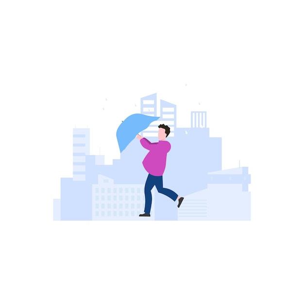 Мужчина с зонтом на фоне городского пейзажа.