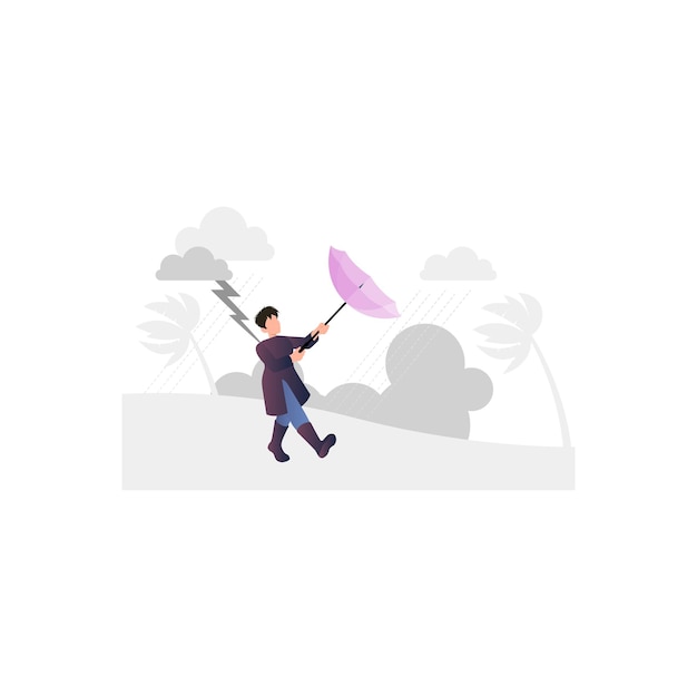 A man with an umbrella in a wind.