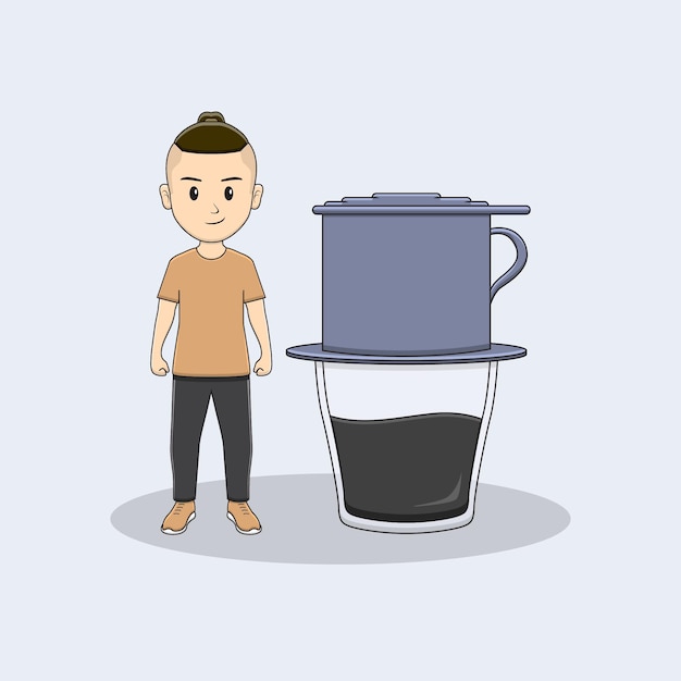 Man with vietnam drip coffe premium vector