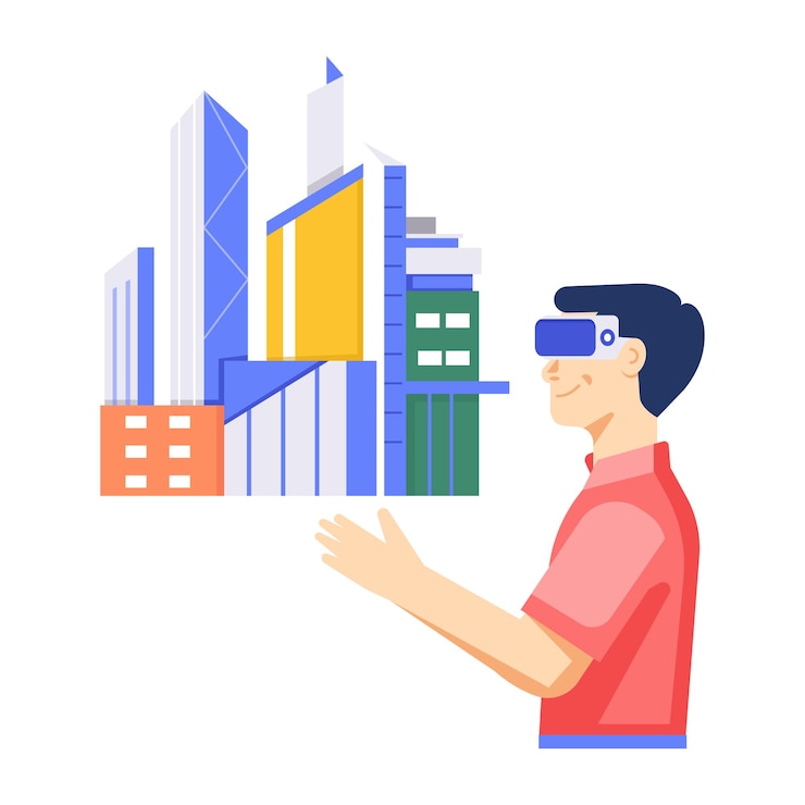 Vector a man with a virtual reality glasses on his head is looking at a building with a blue building in th
