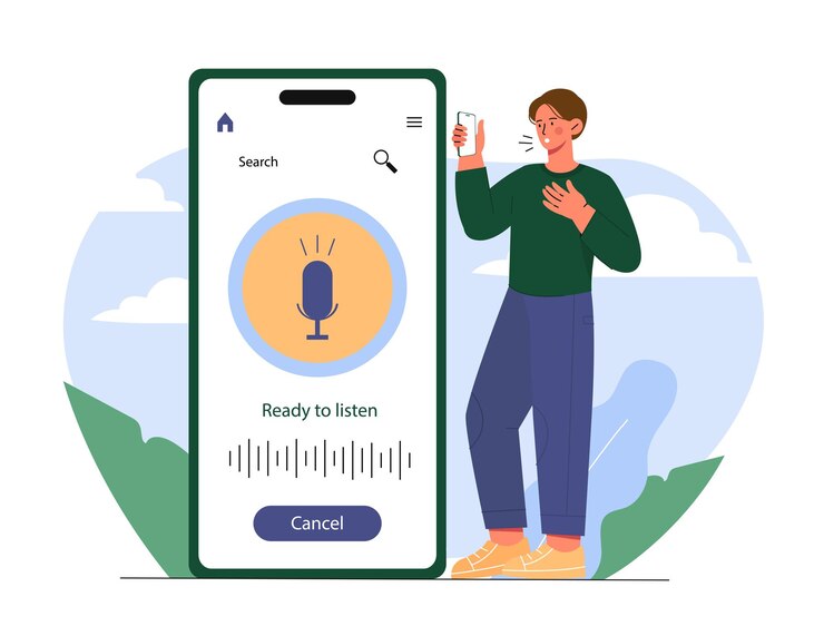 Vector man with voice search guy with virtual assistant and helper searching for information on internet