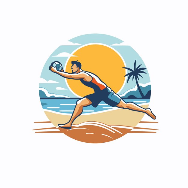 Man with volleyball on the beach Vector illustration in retro style