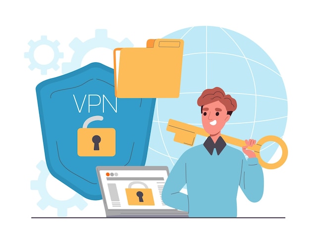 Vector man with vpn concept young guy with mobile application or program for connecting servers protection